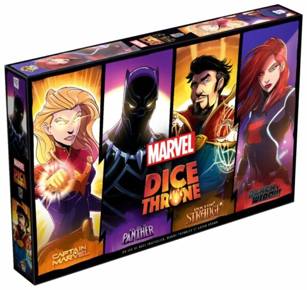 Vue face boîte Dice Throne Marvel : Captain Marvel-Black Panther-Dr Strange-Black Widow